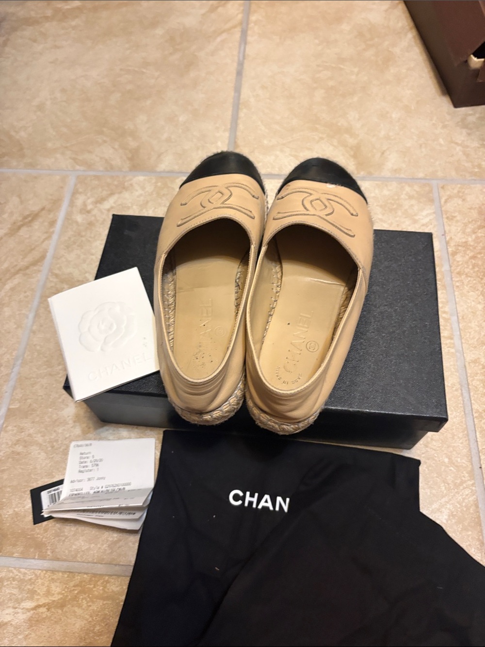 CHANEL Beige Leather Espadrille Slip-Ons with Black Cap Toes - Picture 8 of 9